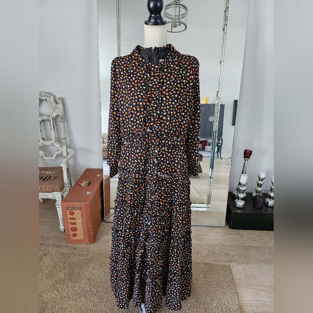 The ALLEY MAXI DRESS Black w/orange/white/yellow Design XS